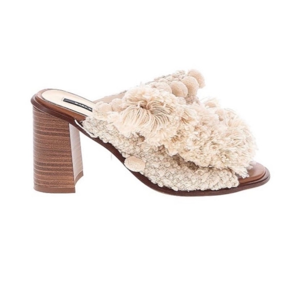 NWT Zara Crochet Pom Pom Embroidered Fringe Stacked Heel - Picture 9 of 11